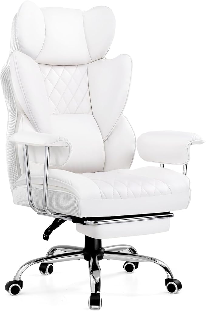 COMHOMA Big and Tall Office Chair, High Back Leather Gaming Chairs with Footrest, Executive Ergonomic Office Chair with Pocket Spring Lumbar Support and with Outward Fixed Soft Armrests