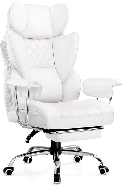 COMHOMA Big and Tall Office Chair, High Back Leather Gaming Chairs with Footrest, Executive Ergonomic Office Chair with Pocket Spring Lumbar Support and with Outward Fixed Soft Armrests