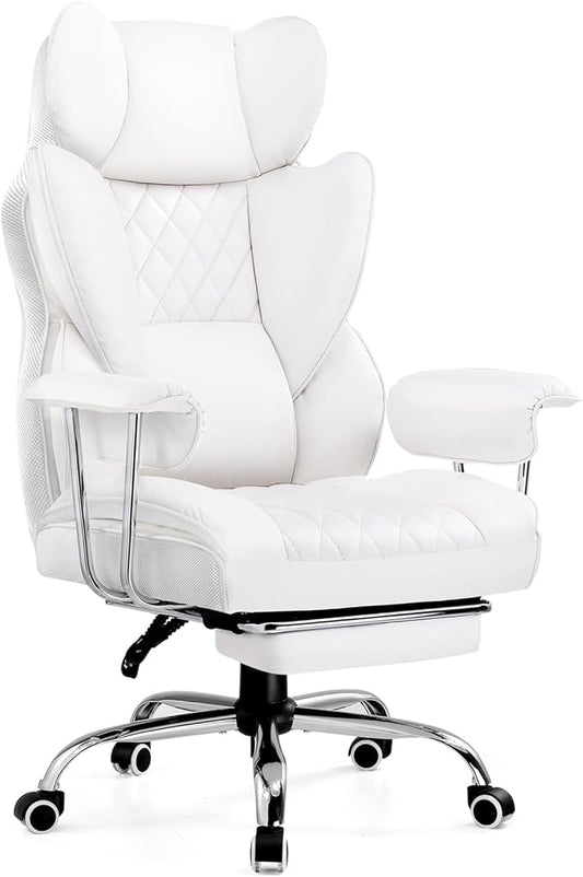 COMHOMA Big and Tall Office Chair, High Back Leather Gaming Chairs with Footrest, Executive Ergonomic Office Chair with Pocket Spring Lumbar Support and with Outward Fixed Soft Armrests
