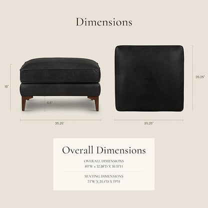 POLY & BARK Essex Ottoman - 35” Large with Feather-Down Topper - Full-Grain Leather Upholstered Ottoman - Couch for Living Room - Vintage Italian Leather in Onyx Black