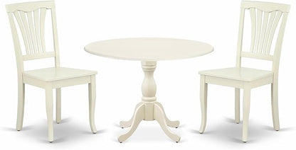 East West Furniture DMAV3-LWH-W 3 Piece Dining Room Table Set Contains a Round Dining Table with Dropleaf and 2 Wood Seat Chairs, 42x42 Inch, Linen White
