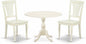 East West Furniture DMAV3-LWH-W 3 Piece Dining Room Table Set Contains a Round Dining Table with Dropleaf and 2 Wood Seat Chairs, 42x42 Inch, Linen White