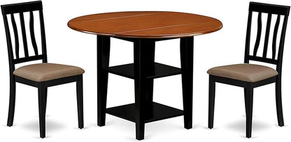 East West Furniture SUAN3-BCH-C 3 Piece Dining Room Table Set Contains a Round Kitchen Table with Dropleaf & Shelves and 2 Linen Fabric Upholstered Chairs, 42x42 Inch, Black & Cherry