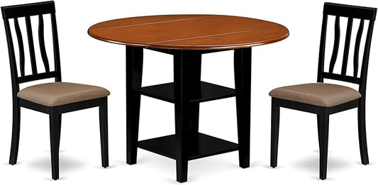 East West Furniture SUAN3-BCH-C 3 Piece Dining Room Table Set Contains a Round Kitchen Table with Dropleaf & Shelves and 2 Linen Fabric Upholstered Chairs, 42x42 Inch, Black & Cherry