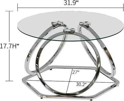 O&K FURNITURE Glass Coffee Table, Modern Silver Coffee Table Living Room Table with Hexagonal Base, Round Coffee Table for Home&Office, Chrome Finish, 1 PC