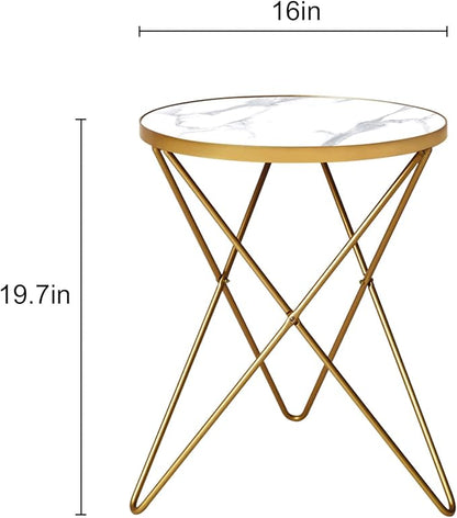 HLR Modern Round Side Table Set of 2, End Table with Marble Effect Top and Gold Metal Frame, Small Side Table for Living Room, Bedroom, Sofa and Couch, Gold Legs, White Marble top