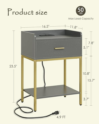 Nightstand with Charging Station,3-Tier Bedside Table for Small Space,Modern Night Stand with Storage Drawer and Shelf,Small Side Table for Bedroom,Living Room,Gray