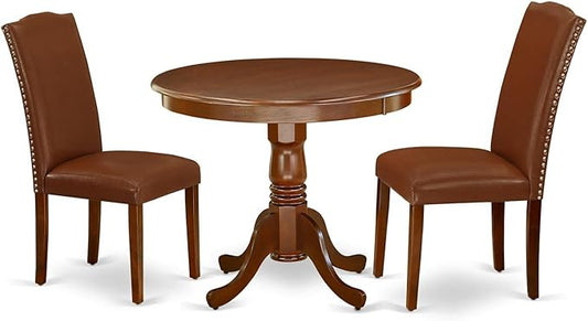 East West Furniture ANEN3-MAH-66 3 Piece Dining Room Furniture Set Contains a Round Dining Table with Pedestal and 2 Brown Faux Faux Leather Upholstered Chairs, 36x36 Inch, Mahogany