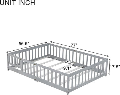 Bellemave Full Floor Bed with Slats and Safety Guardrails, Kids Montessori Floor Beds with Fence and Door, Easy Assemble Floor Bed for Kids, Girls, Boys, Gray