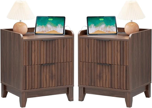 Wnutrees Fluted Nightstand with Charging Station, Modern Bedside Table with 2 Drawers, Farmhouse Wooden End Side Table for Living Room, 2Pack, Brown