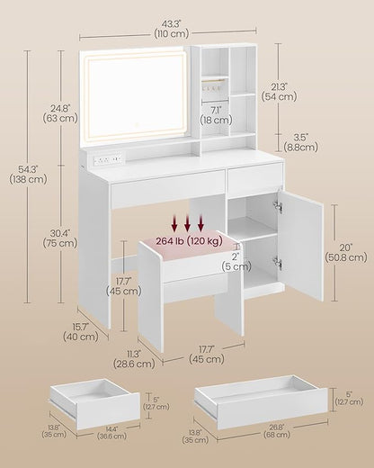 VASAGLE Vanity Desk with Mirror and Lights, Power Outlets, Vanity Table Set with Stool, Drawers, 43.3-Inch Wide Makeup Vanity, Jewelry Storage, Adjustable Shelves, for Bedroom, Cloud White URDT632W02