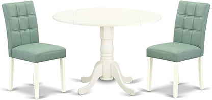 East West Furniture DLAS3-WHI-43 3 Piece Modern Dining Set contain A Wood Dining Table and 2 Willow Green Polyester Fabric Mid Century Chairs, Linen White