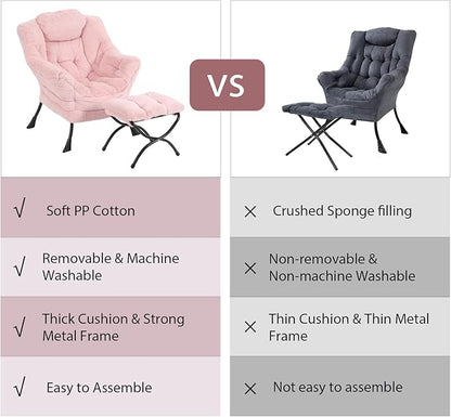 Lazy Chair with Ottoman, Modern Chair with Folding Footrest, Lounge Accent Chair, Comfortable Reading Chair, Oversized Armchairs for Bedroom, Study, Living Room(Plush Pink)