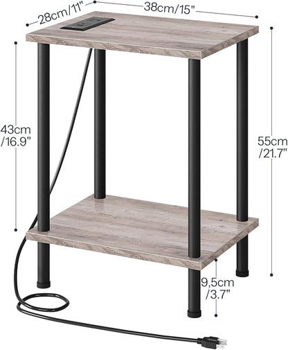 HOOBRO Side Table with Charging Station, Set of 2 End Tables with USB Port and Outlets, Nightstand with 2-Layer Storage Shelves for Small Spaces, Living Room, Bedroom, Greige and Black BG09UBZP201