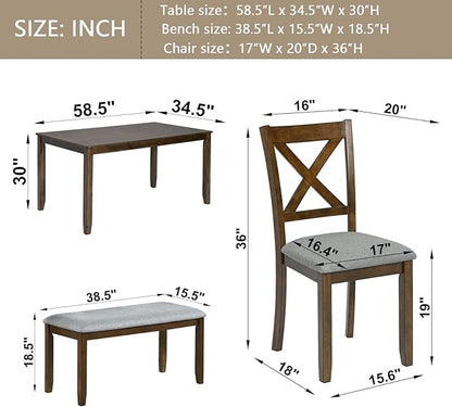KEIKI 6-Piece Standard Height Dining Table Set with Rectangular Table, 4 Upholstered X-Shaped Backrset Chair, Bench, for 6 Person, Modern Table Set, Easy Assembly, for Kitchen, Dining Room, Walnut
