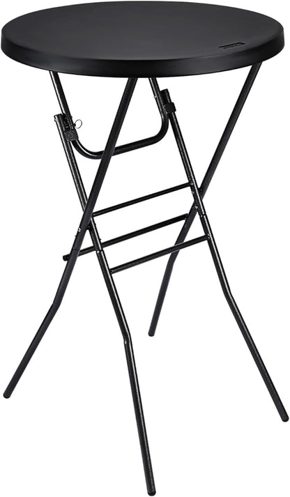 Cocktail Table 28in High Top Round Folding Indoor Outdoor, Plastic Bar Height Foldable Bistro Tall Table for Party, Patio, Dining Room, Kitchen, Events, Removable Locking Legs, Black