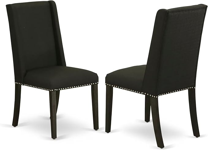 East West Furniture V627FL624-7 7 Piece Modern Dining Table Set Consist of a Rectangle Wooden Table with V-Legs and 6 Black Linen Fabric Parson Dining Chairs, 40x72 Inch, Multi-Color