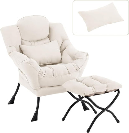 Lazy Chair with Ottoman, Modern Accent Chair with Lumbar Pillow, Comfy Chairs with Folding Footrest for Bedroom, Reading, Oversized Supportive Lounge Chairs(Velvet Beige)