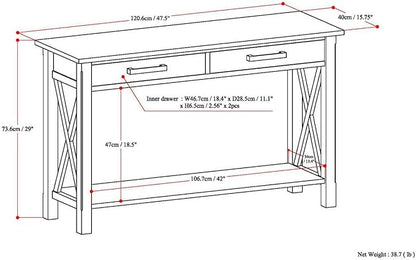 SIMPLIHOME Kitchener Console Table - 47 Inch Wide Solid Wood Sofa Table in Black, Contemporary Storage Table for Entryway or Living Room with 2 Drawers, Bottom Shelf, and X-Design Side Panels