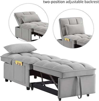 KEIKI Velvet Single Convertible Sleeper Chair Sofa Bed with Adjustable Backrest, Pillows & Storage Pockets, 3 in 1 Pull-Out Couch Chaise Lounge Recliner for Living Room Balcony Bedroom, Grey