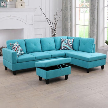 Light Blue L-Shaped 3-Piece Linen Sofa with Storage Ottoman Set, Sectional Couch Sofa Set for Living Room, Office, Small Space