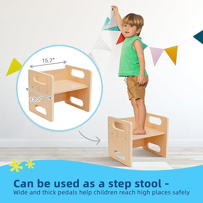 OOOK Montessori Weaning Table and Chair Set, Kids Activity Table and Chair Set with Fence for Read, Play Toys, Snack Time, Step Stool, 1-3 Year Old Kids Montessori Furniture