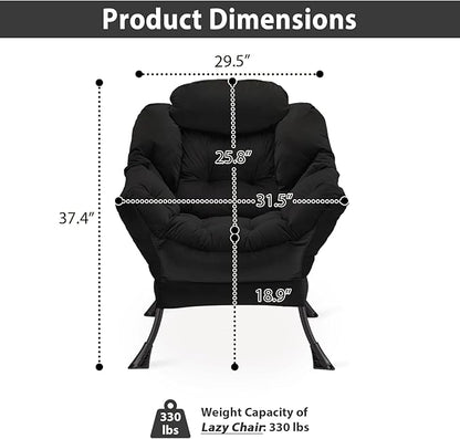 Lazy Chair Thick Padded, Comfy Velvet Accent Lounge Chair with Stable Frame, Leisure Sofa Armchair with Armrests and Side Pocket, Reading Chair for Bedroom, Living Room, Office, Black