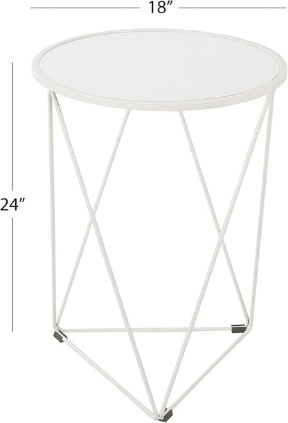 HomePop Metal Accent Table Triangle Base Round Mirror Top, White 18.24D x 24W x 18H in