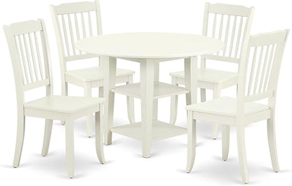 East West Furniture SUDA5-LWH-W 5 Piece Dining Room Furniture Set Includes a Round Kitchen Table with Dropleaf & Shelves and 4 Dining Chairs, 42x42 Inch, Linen White