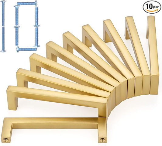 KOOFIZO Solid Square Bar Cabinet Handle - Brushed Gold Furniture Pull, 3.8 Inch/96mm Screwhole Distance, 10-Pack for Kitchen Cupboard Door, Bedroom Dresser Drawer, Bathroom Wardrobe Hardware
