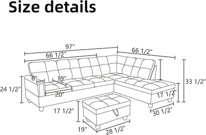 L Shaped Sectional Couches for Living Room, Modern Modular Sectional Sofa with Ottoman Storage, Comfy L Shaped Couch with Chaise for Bedroom Apartment Furniture, Brown