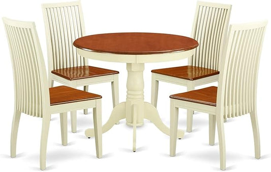 East West Furniture ANIP5-BMK-W 5 Piece Dining Table Set for 4 Includes a Round Kitchen Table with Pedestal and 4 Dining Room Chairs, 36x36 Inch, Buttermilk & Cherry