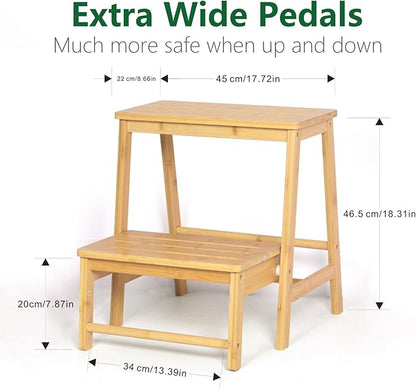 Bamboo Folding Climbing Step Stool, 2 Step Ladder Multi-Functional Stair Chair with Sturdy Structure, Non-Slip Step Pads, Wide Stepping Surface for Safety, Simple Folding Stool for Bathroom, Kitchen