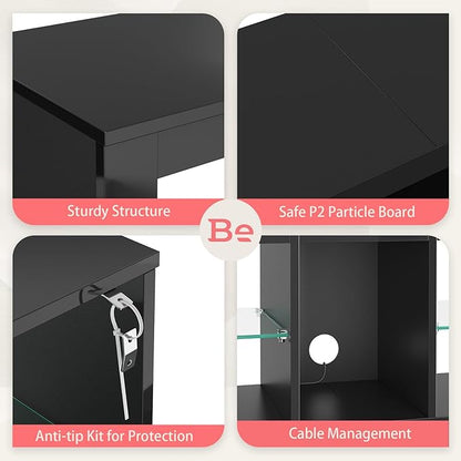 Bestier Modern TV Stand for 65 inch TV with LED Lights, High Gloss Entertainment Console Table with Storage Shelves for Living Room in Glossy Black