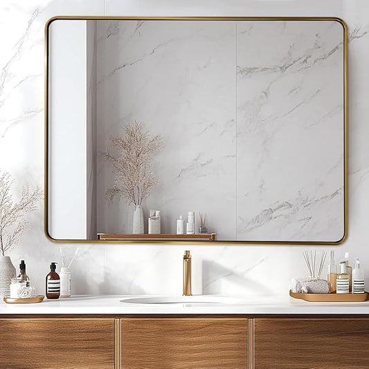 ANDY STAR 48x36 Inch Gold Bathroom Mirror, Brushed Gold Mirrors for Wall in Anti-Rust SUS304 Tube Metal Frame, Rounded Rectangle Mirrors 1’’ Deep Wall Mounted Vertically/Horizontal for Bathroom