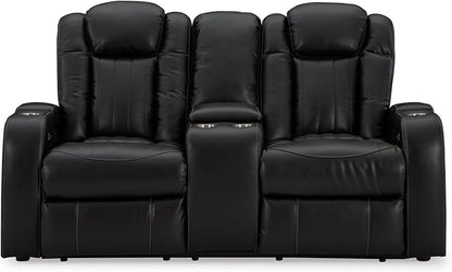 Signature Design by Ashley Caveman Den Modern Faux Leather Power Reclining Loveseat with Console, Adjustable Headrest and LED Lights, Black