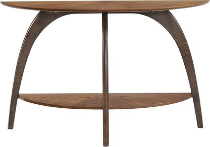 Martin Svensson Home LAX Two-Tone 48-Inch Caramel Brown Half-Moon Wood Sofa Console Table with Walnut Legs and Shelf Storage