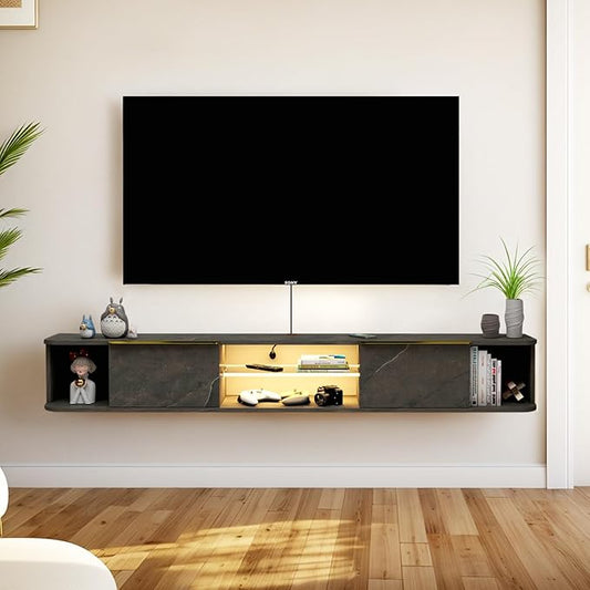 Pmnianhua LED Floating TV Stand with 2 Drawers for 75 inch TV,70'' Floating TV Console with LED Lights,Floating Entertainment Shelf with Storage for Bedroom Playroom Living Room(Dark Grey)
