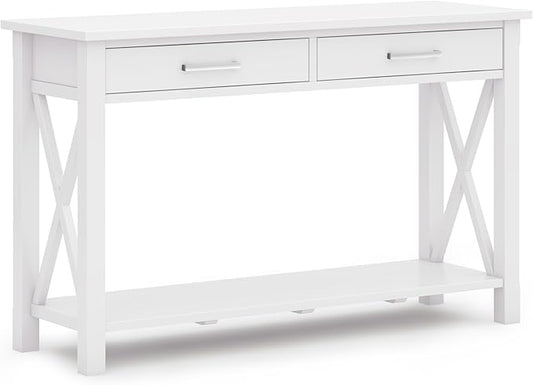 SIMPLIHOME Kitchener Console Table - 47 Inch Wide Solid Wood Sofa Table in White, Contemporary Storage Table for Entryway or Living Room with 2 Drawers, Bottom Shelf, and X-Design Side Panels