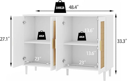 Sideboard - Buffet Cabinet with Storage, Rattan Storage Cabinet with 4 Doors and Adjustable Shelves, Accent Sideboard with Solid Wood Leg for Living Room (White)