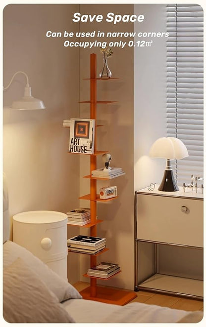 9-Tier Spine Bookshelf Metal Bookcase 5 Colors Vertical Bookshelf Tower Rotating Tall Narrow Bookshelf Ladder Book Rack Indoor (White)