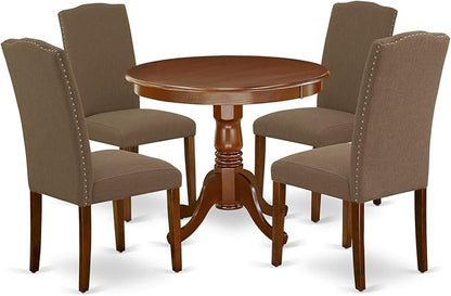East West Furniture ANEN5-MAH-18 5 Piece Dining Table Set for 4 Includes a Round Kitchen Table with Pedestal and 4 Dark Coffee Linen Fabric Parson Dining Chairs, 36x36 Inch, Mahogany