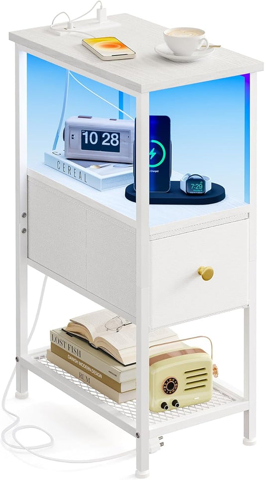 Fixwal Narrow Side Table with Charging Station and LED Light, Skinny Nightstand with 1 Fabric Drawer, Slim End Table for Bedroom, Dorm, Small Space, White