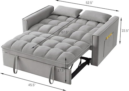 KEIKI Velvet Loveseat Convertible Sofa Bed Sleeper Chair with Adjustable Backrest, Pillows & Storage Pockets, 3 in 1 Pull-Out Couch Chaise Lounge Recliner for Living Room Balcony Bedroom, Grey