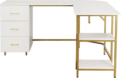 Techni Mobili L Shaped Desk - Two-Toned Computer Desk with Drawers & Storage Shelves - Simple Modern Furniture & Home Office Space Corner Table for Work & Writing