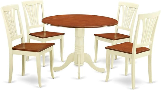 East West Furniture DLAV5-BMK-W 5 Piece Kitchen Table Set for 4 Includes a Round Dining Room Table with Dropleaf and 4 Solid Wood Seat Chairs, 42x42 Inch, Buttermilk & Cherry