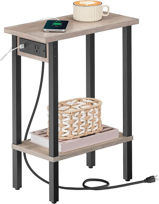 HOOBRO Small End Table with Charging Station, Narrow Side Table with USB Port and Outlets, Skinny Sofa Table, Slim Nightstand, Living Room, Bedroom, Greige and Black BG240UBZ01