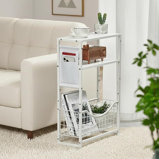 Narrow Side Table, Skinny Small End Tables with Magazine Holder, 3 Tier Small Sofa Side Table for Smalls Spaces, Sofa Couch Tables Bedside Table for Living Room Bedroom Office