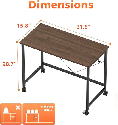 Rolling Computer Desk with Wheels, Gaming Desk for Small Spaces, Modern Simple Style Table for Home Office, Study Writing Table (Caster, Walnut, 32 inch)