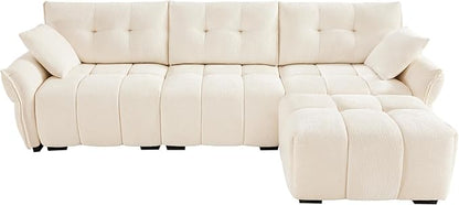 Modern Chenille Fabric 3-Seat Sofa w/Ottoman+2 Pillows, Premium Upholstery Living Room Couch with Tufted Backrest & Comfortable Armrests and High-Resilience Memory Foam Cushions,White